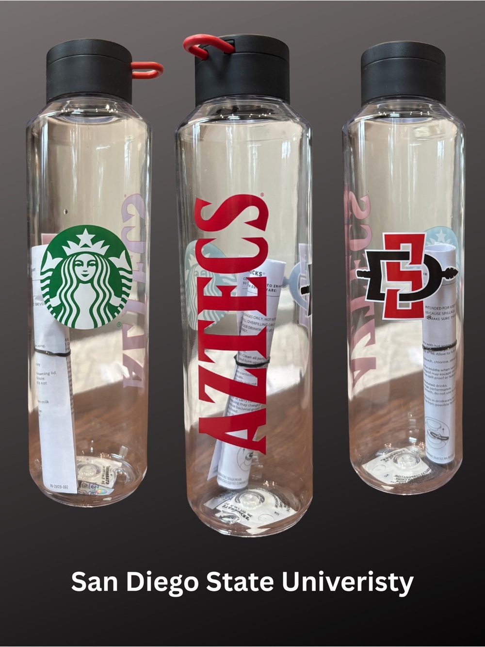 Starbucks & San Diego University Clear Bottle with Black Lid and Red Logo Accent